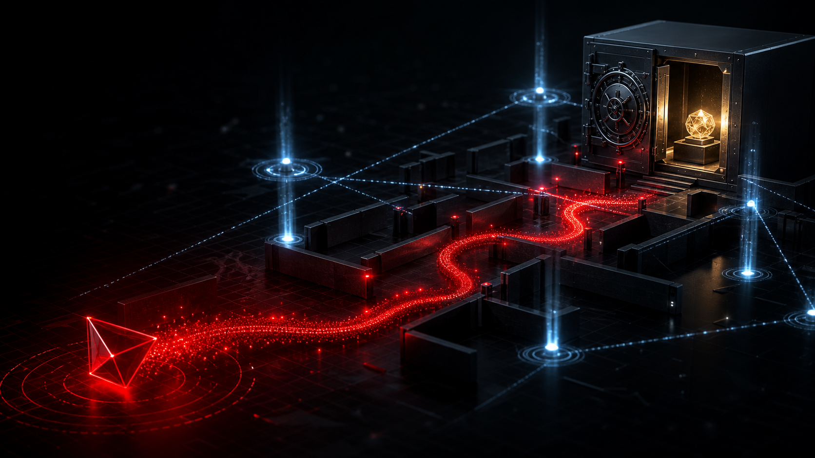 Controlled adversary path observed by defensive detection beacons around a protected asset