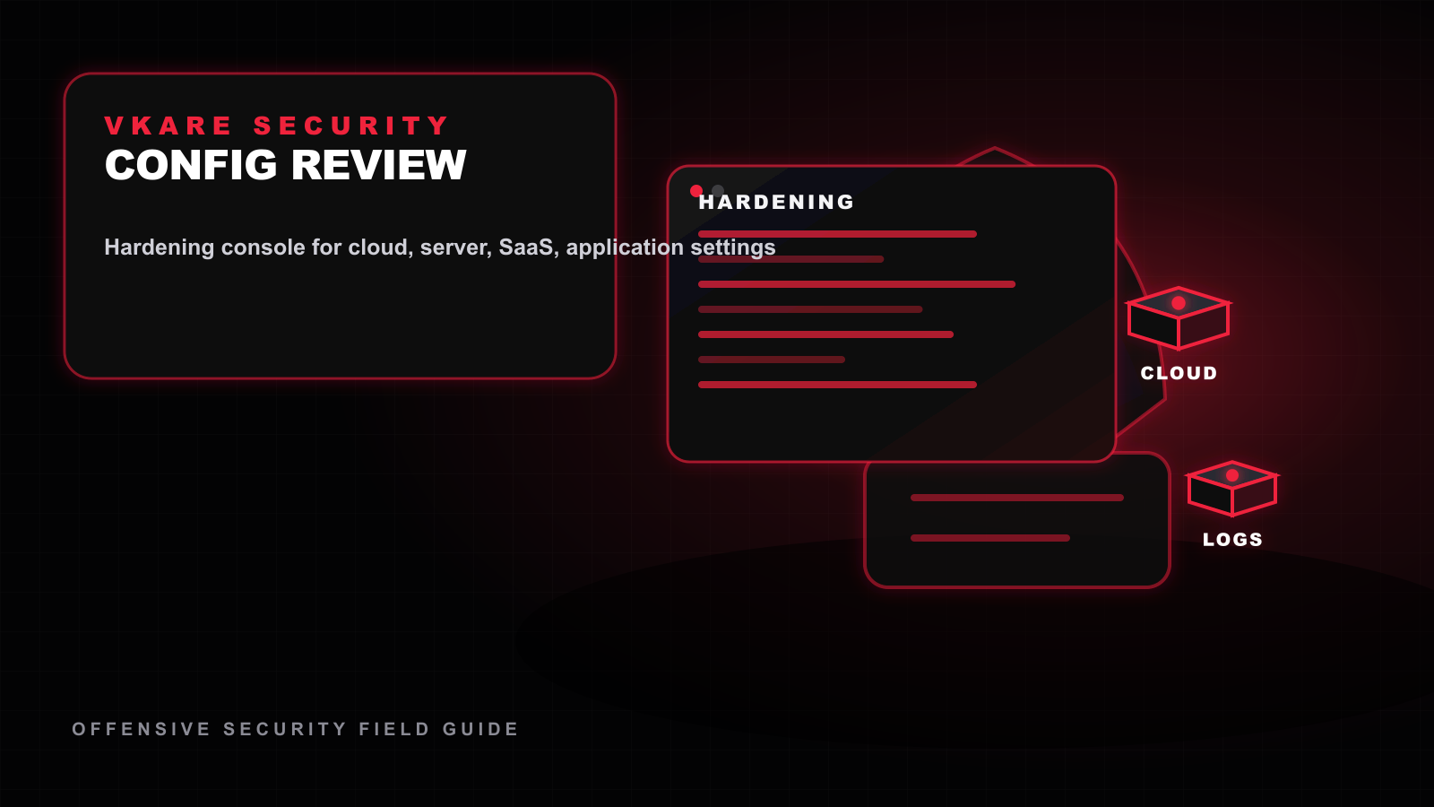 Security configuration review dashboard showing hardened cloud, server, and application settings